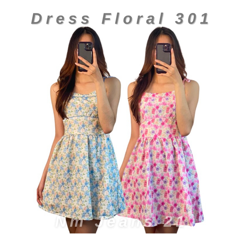 Dress Floral 301 Gaya Korean Style Gaun Tali Pundak Rok Aline Tabung Fashion Wanita