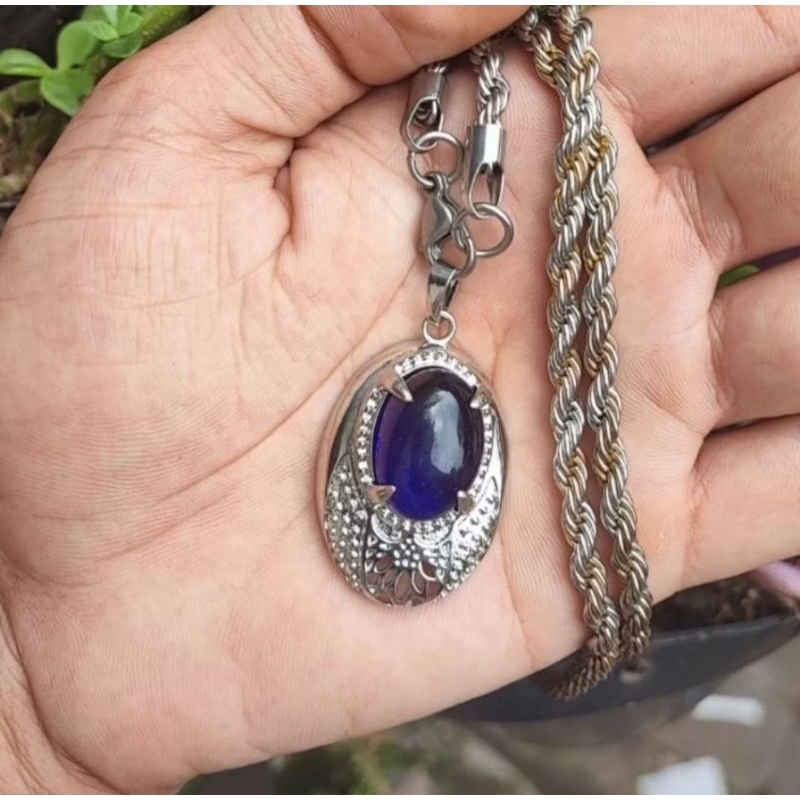 Kalung Liontin Batu Akik Blue King Safir Natural