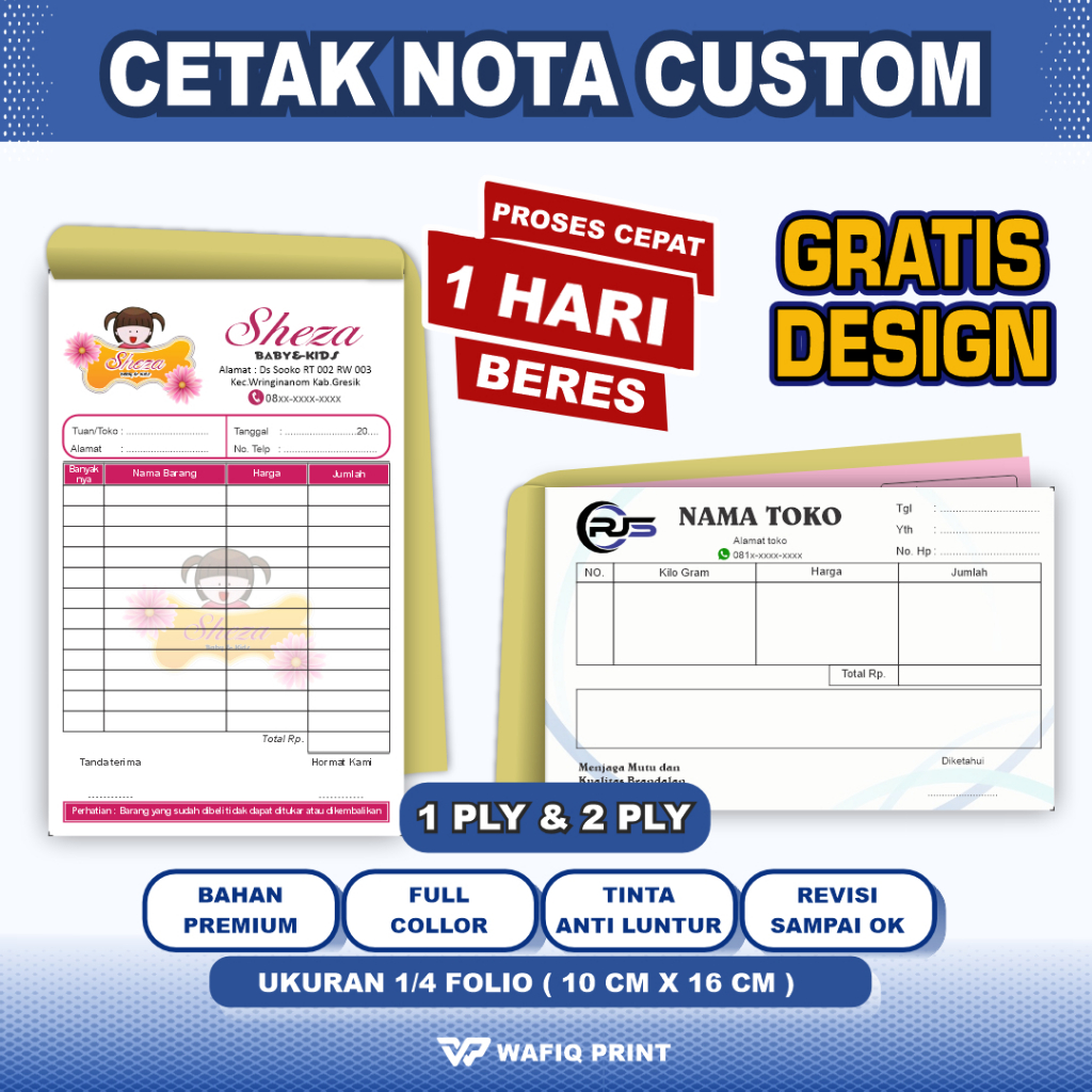 

Cetak Nota custom full Colour gratis design nama toko sendiri 1ply/2ply ukuran standar 1/4 folio
