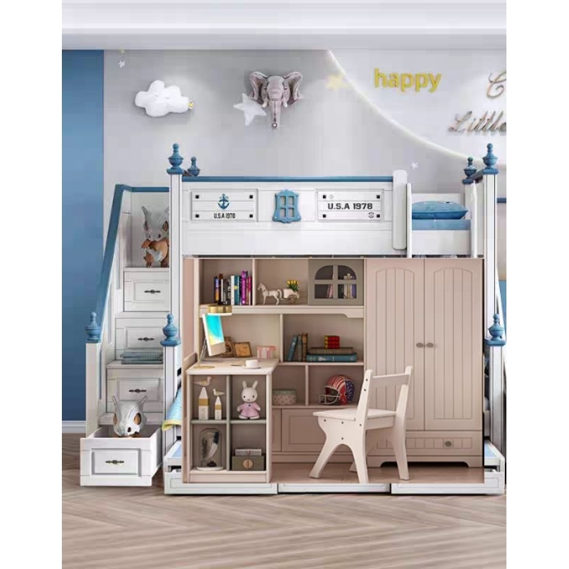 tempat tidur tingkat  anak set meja belajar dan lemari