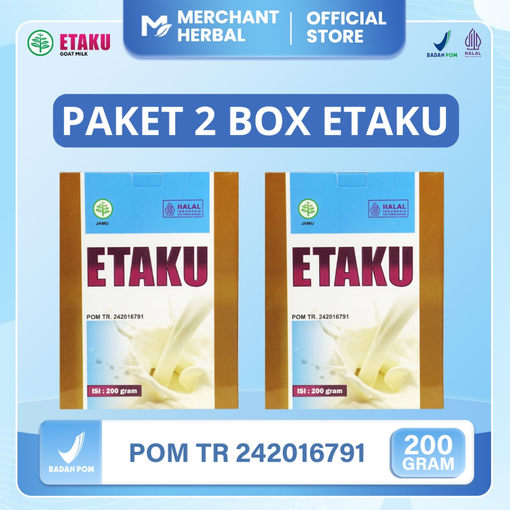 

Merchant Herbal - Paket 2 Box Etaku Goat Milk Susu Bubuk Kambing Etawa Murni Sudah Bpom & Halal Mui - Isi 400 Gram