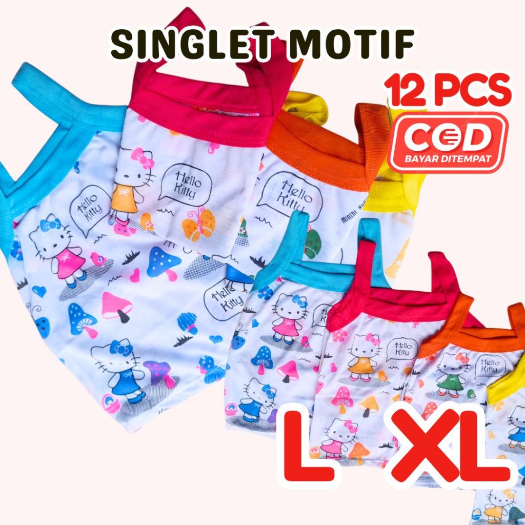 1 Lusin 12 PCS Singlet Anak Perempuan Motif Sablon Karakter Kartun Lucu Hola Kity Kaos Dalam 2-5 Tah
