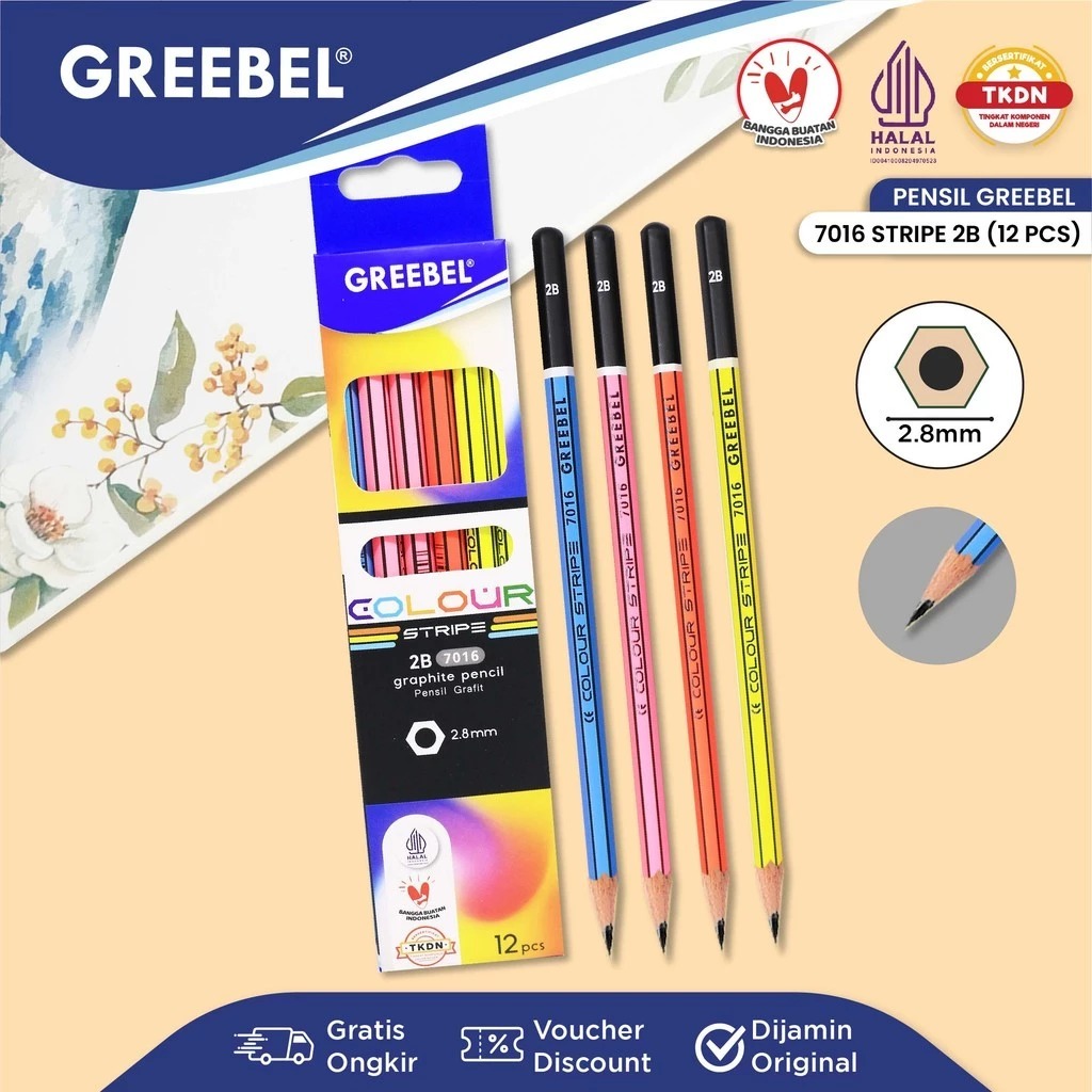 

GREEBEL Pensil Tulis 2B 7016 Stripe (12PCS/BOX) Pencil Kayu / Pensil Ujian Sekolah