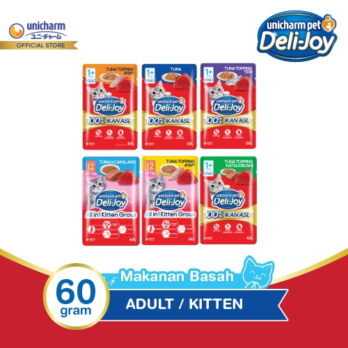 Deli Joy Pouch Semua Rasa 60g - (Tuna, Katsuobushi, Teri, Ayam & Cakalang) - Kitten / Adult