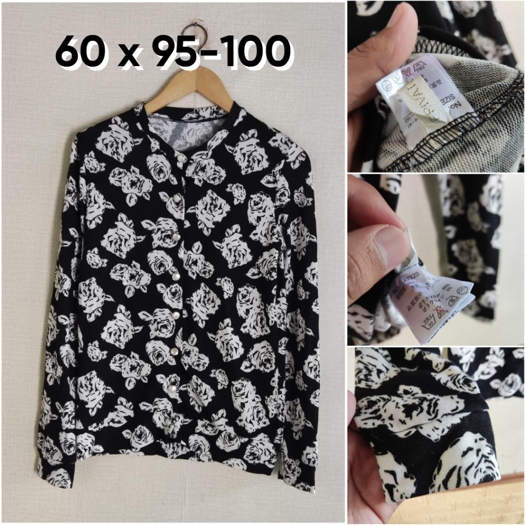 Cardigan Private Beach Hitam Motif Bunga O Neck Size L Wanita Atasan Cewek Outer Knit Mulus A139