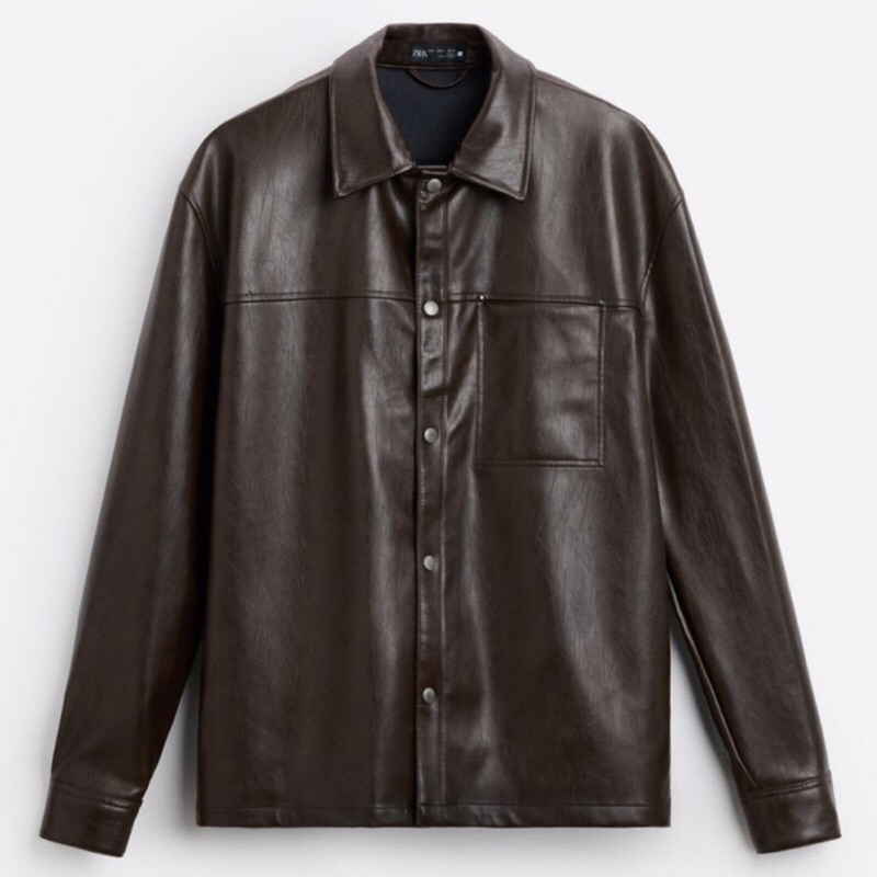 ZARA Men Washed Leather Effect Overshirt Jaket Kemeja Luaran Pria Brown