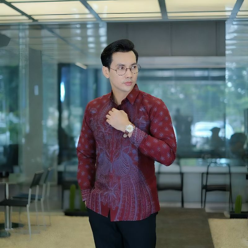 HANUNG maroon kemeja batik pria slimfit lengan panjang pendek lapis furing/baju atasan pria batik wa