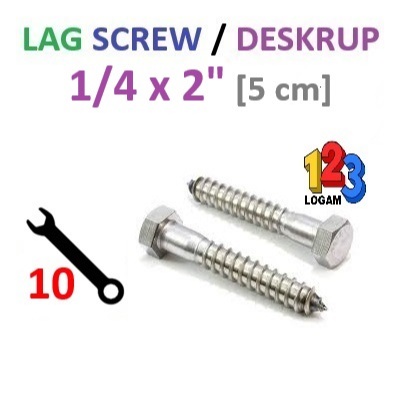 1/4 x 2" Inch Lag Screw Deskrup Baut Sekrup Kayu & Fisher Kunci 10