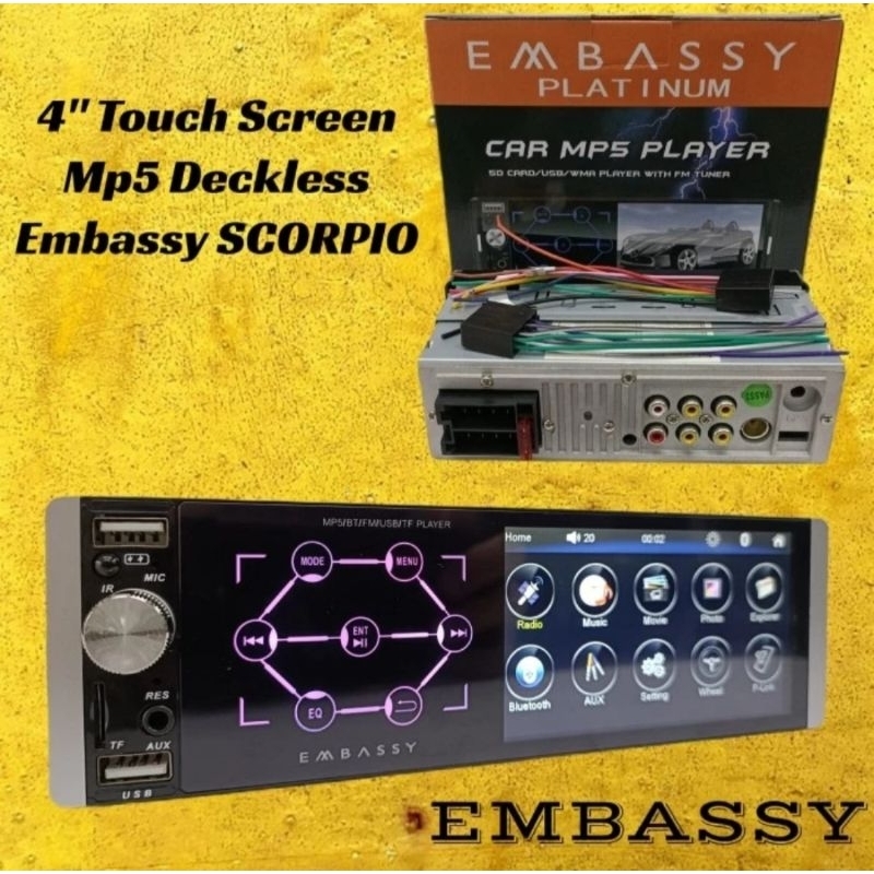 Tape mobil single din embassy mp5 layar sentuh Lcd 4 inch