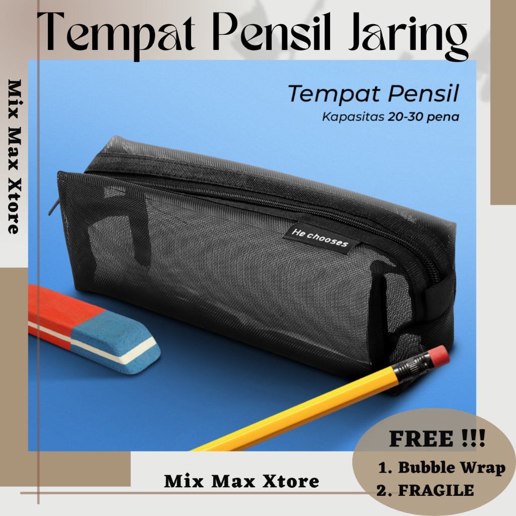 

Tempat Pensil Jaring Simple Stationery Mesh Zipper Bag - Black