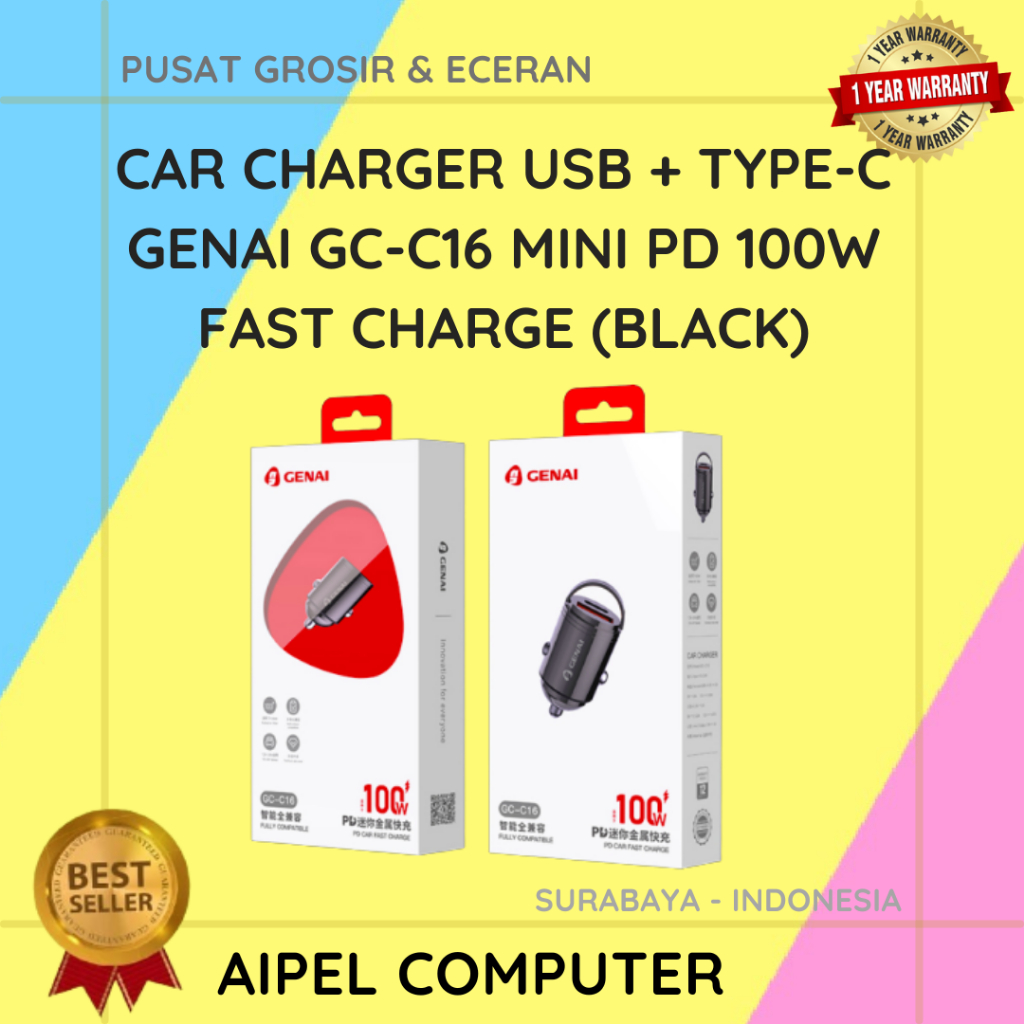 GCC16 | Car Charger USB + Type-C GENAI GC-C16 Mini PD 100W Fast Charge (Black)