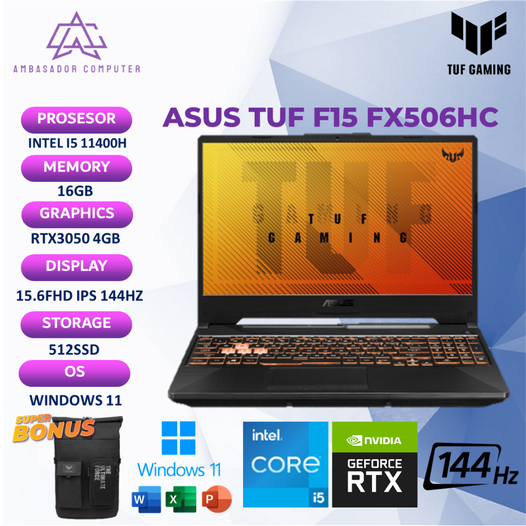 Asus gaming tuf f15 fx506hc rtx3050 4gb intel I5 11400h ram16gb 512ssd 15.6fhd ips 144hz