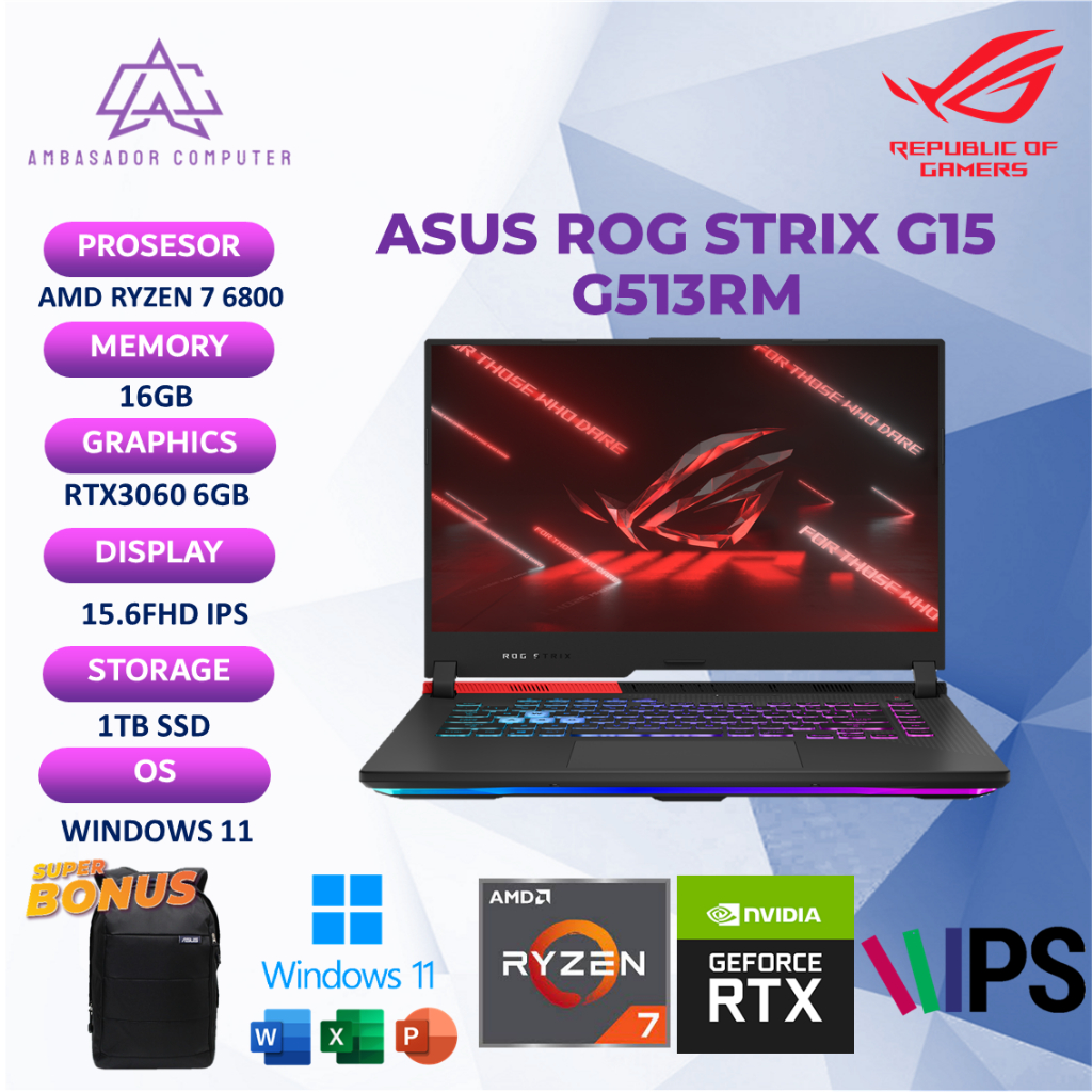 Asus rog strix g15 g513rm rtx3060 6gb amd ryzen 7 6800 ram16gb 1tbssd 15.6fhd ips