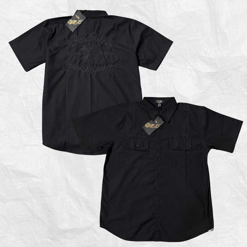 Von Dutch Workshirt Original 100% Kemeja Pria lengan Pendek - Full Black 01 VW-12