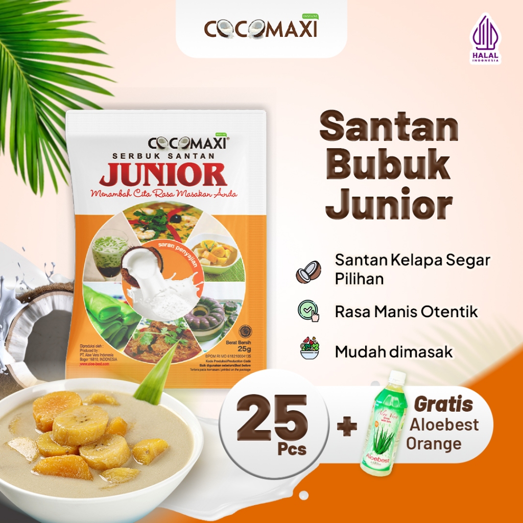 

COCOMAXI Santan Kelapa Bubuk Junior Manis Gurih Alami 25 gr - Isi 25 Sachet Free 1 Sachet Aloebest Orange 500 ml