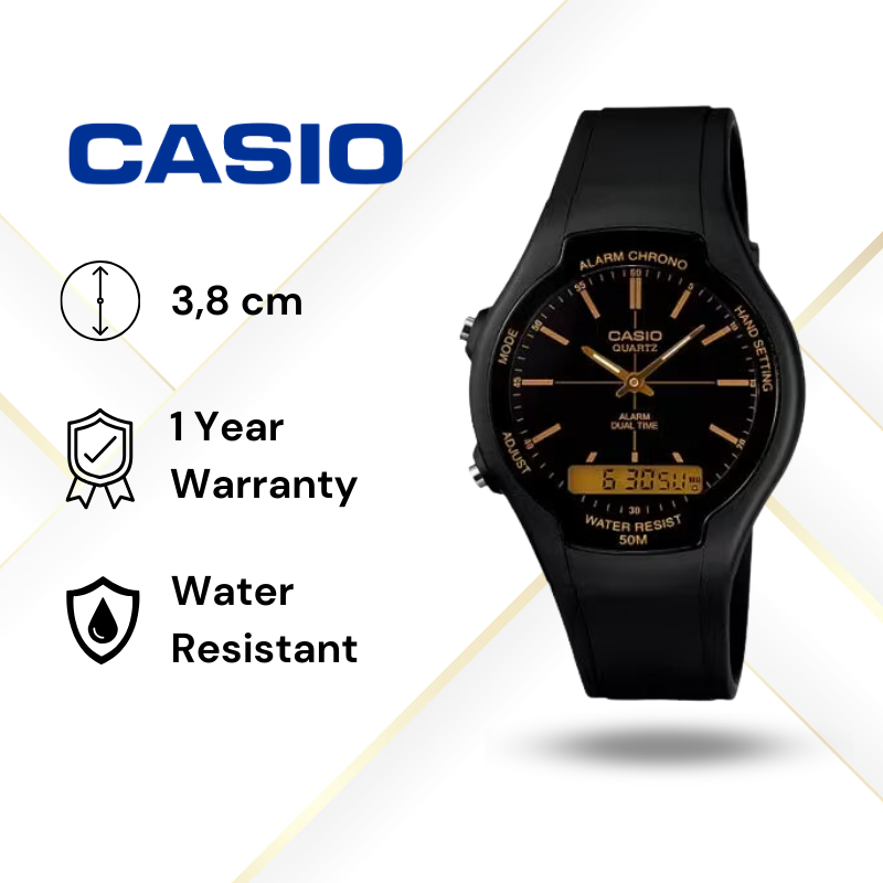 JAM TANGAN CASIO ANALOG DIGITAL AW-90H-9E ORIGINAL - AW90H HITAM GOLD CASIO ORIGINAL