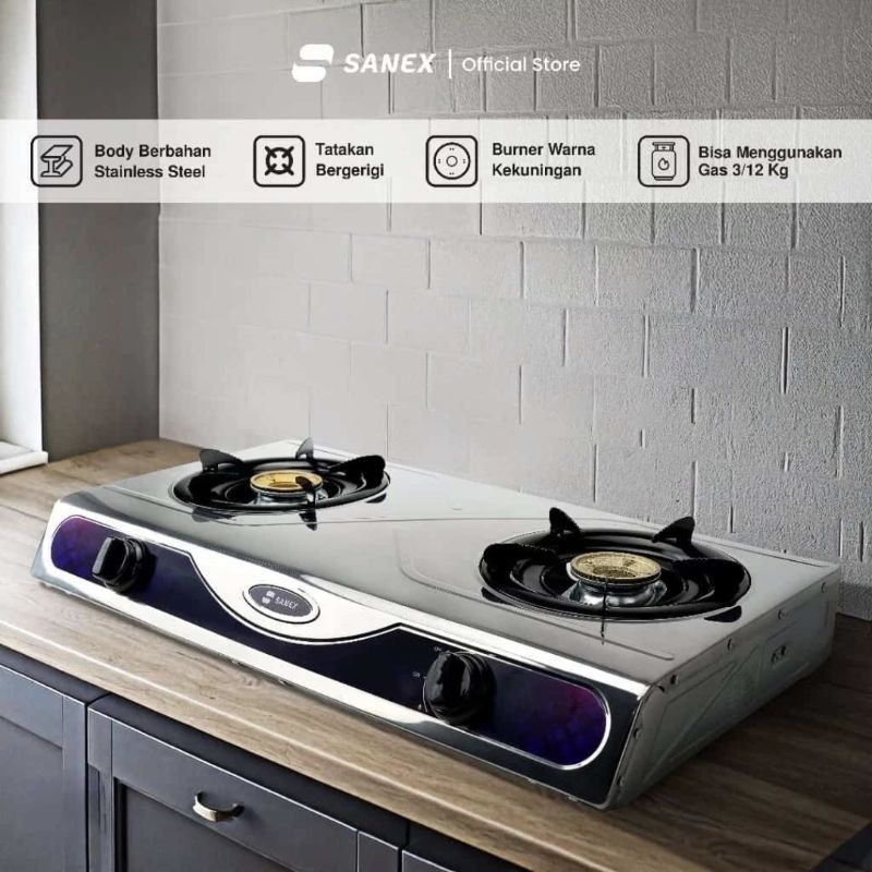 Kompor gas Sanex 2 tungku stainless steel