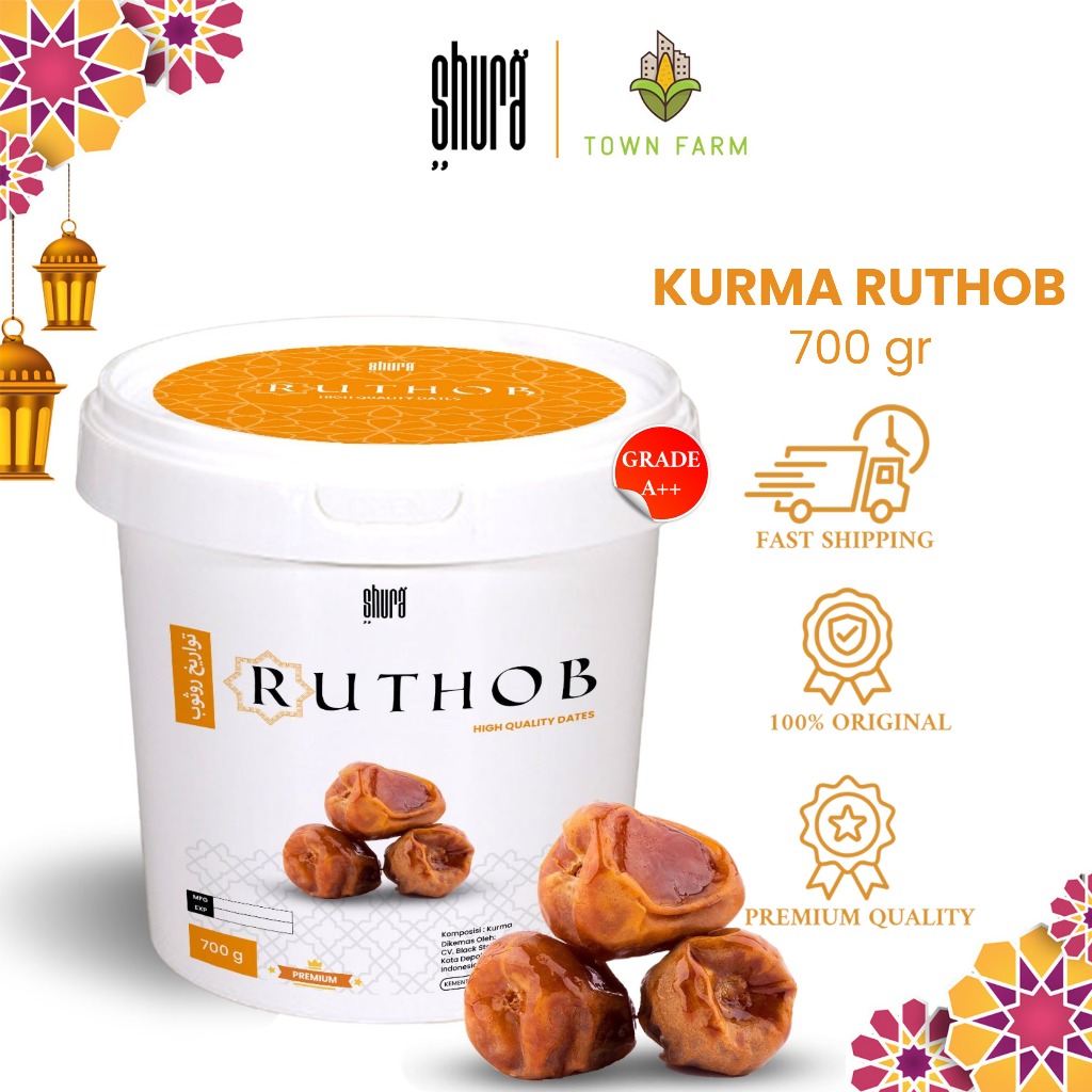 

Shura Kurma Ruthob Super Premium Kurma Original High Quality Kemasan Ember 700gram Kurma Golden