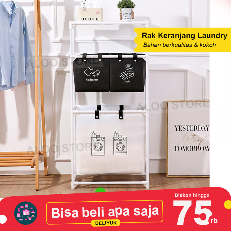 Keranjang Baju Laundry Bag Roda Dorong Anti Slip Rak Susun Pakaian Kotor Basket Cuci Baju Organizer