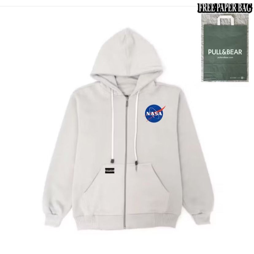 {FREE PAPER BAG} HOODIE ZIPPER  CREAM PULL AND BEAR X NASA BASIC PRIA - WANITA PREMIUM QUALITY