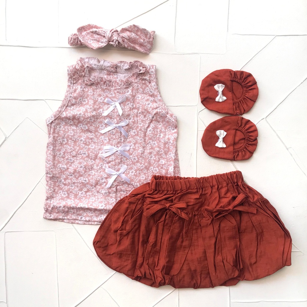 Baju bayi perempuan 0-6 bulan set rok katun bunga newborn
