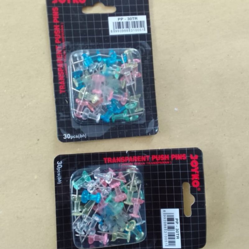 

TRANSPARENT PUSH PINS (JARUM TEKAN TRANSPARAN) PP - 30TR ISI 30 PCS MERK JOYKO