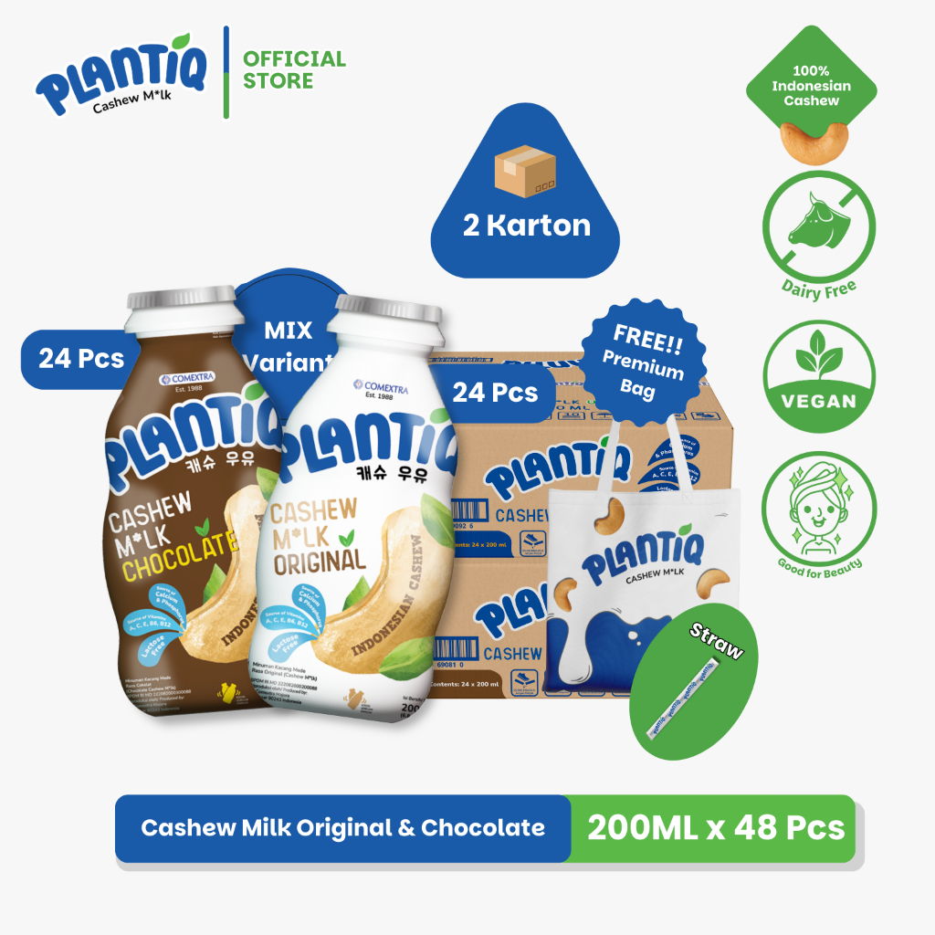 

[48 PCS MIX] PLANTIQ Cashew Milk Original Chocolate 200ml - Susu Kacang Mede - Non Dairy Milk Lactose Free - FREE Premium Bag