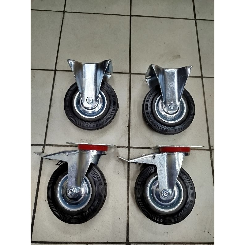 RKS - Roda 5" inch Karet 1set ( 4pcs ) ( 2 Rem + 2 Mati) Roda troli Gerobak 5 inchi