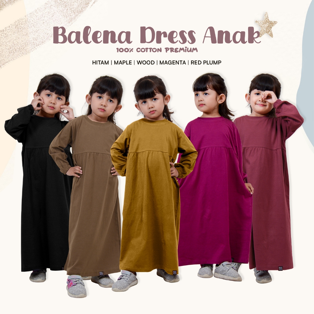 Balena Dress Anak Perempuan Gamis Tunik Polos Kaos Cotton Premium Bahan Katun Usia 5-12 Tahun