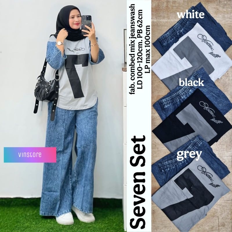 SEVEN SET ORI VINSTORE // One Set Wanita Terbaru Setelan Blouse Motif Mix Celana Jeans Premium