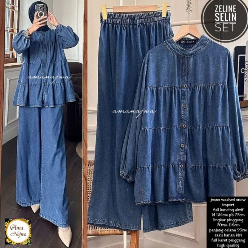 Setelan blouse & kulot jeans jumbo LD 124 & 140