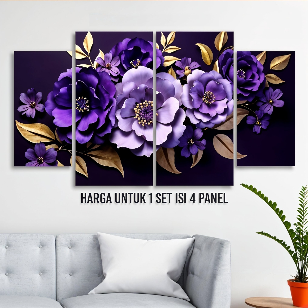 HOT DEALS HIASAN DINDING SATU SET BUNGA UNGU 3D ELEGAN 4 PANEL WALL DECOR PAJANGAN KAMAR AESTHETIC