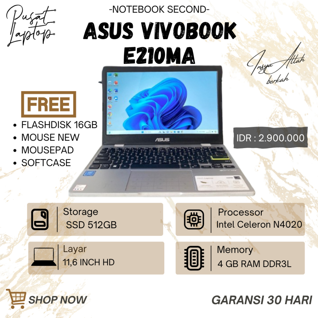 NOTEBOOK ASUS E210MA  | INTEL CELERON N4020 | RAM 4 GB | SSD 512GB | BERGARANSI