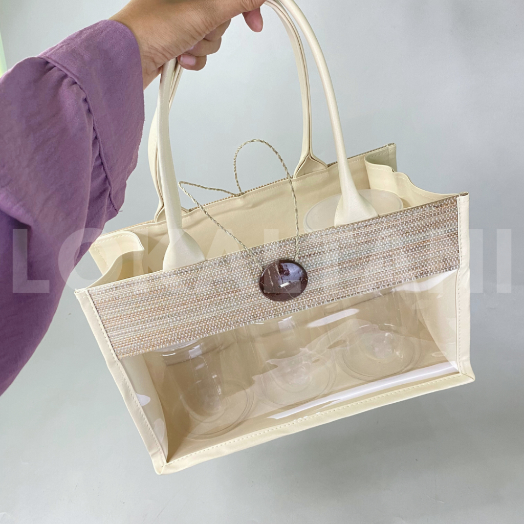 Tas Pandan Mendong Mika / Tas Hampers Mendong Cream / Tas Mendong 3 Toples Tabung