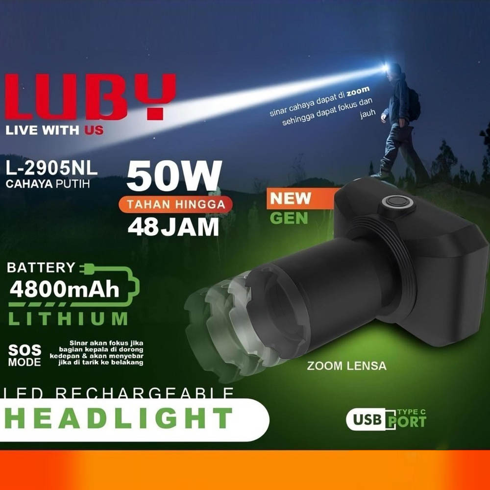 Promo Senter Kepala Zoom Luby L2905 50W Super Terang - Senter Kepala Rechargeable Headlight Luby