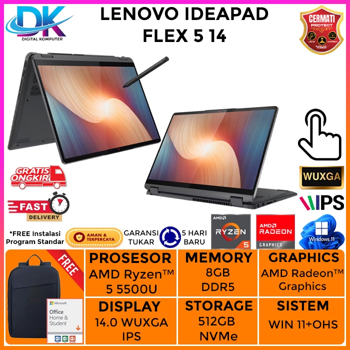 LAPTOP LENOVO IDEAPAD FLEX 5 14 TOUCH RYZEN 5 5500U RAM 8GB 512GB SSD WIN 11+OHS 14.0 WUXGA