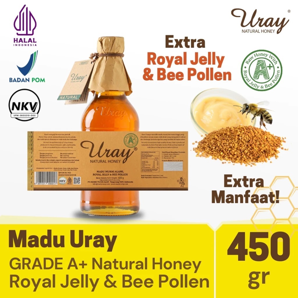

Madu Uray Natural Honey 450gr Grade A+ with Royal Jelly & Bee Pollen