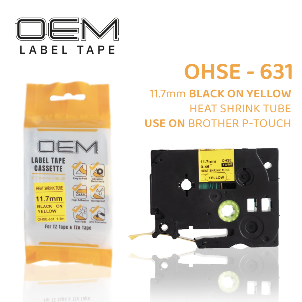 

OEM LABEL HEATSHRINK TUBE 11.7mmX1.5m BLACK ON YELLOW FOR PTOUCH