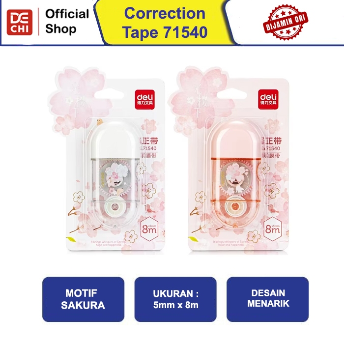 

Deli | Tip Ex Kertas (Correction Tape) Sakura | 8m x 5mm | 71540