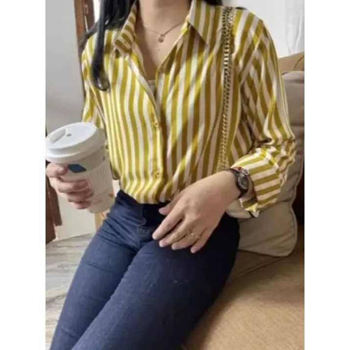 ATASAN SALUR WANITA / KEMEJA MOTIF GARIS GARIS / PAKAIAN KEMEJA SALUR LENGAN PANJANG