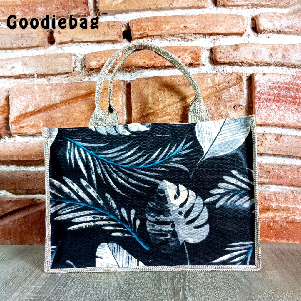 TOTE BAG GONI MONSTERA HITAM BAHAN GONI UKURAN BESAR - TAS GONI  / GONI STYLE / TAS WANITA