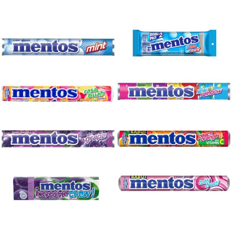 

Mentos Aneka Permen Stick mint anggur fruit rainbow peach orange tutti frutti incredible chew