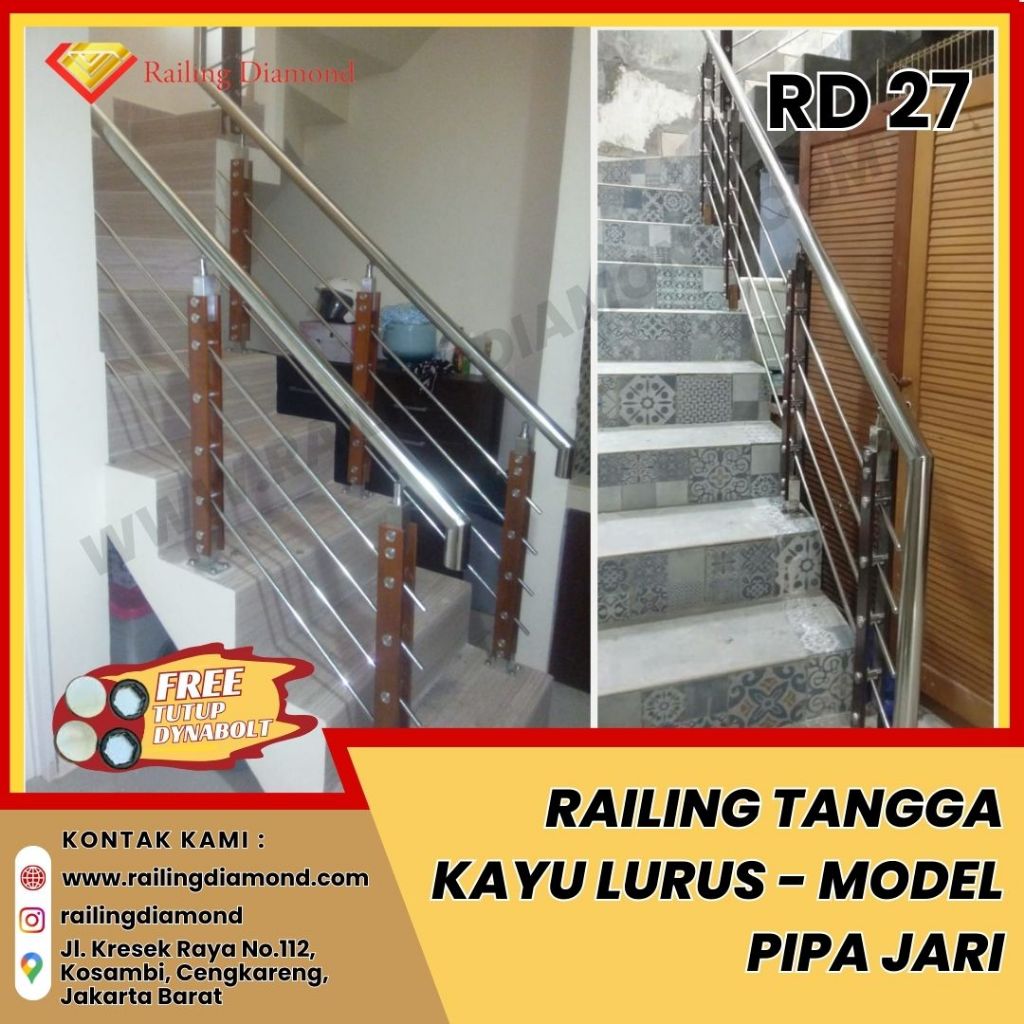 Tiang Railing Tangga Stainless + Kayu RD 27