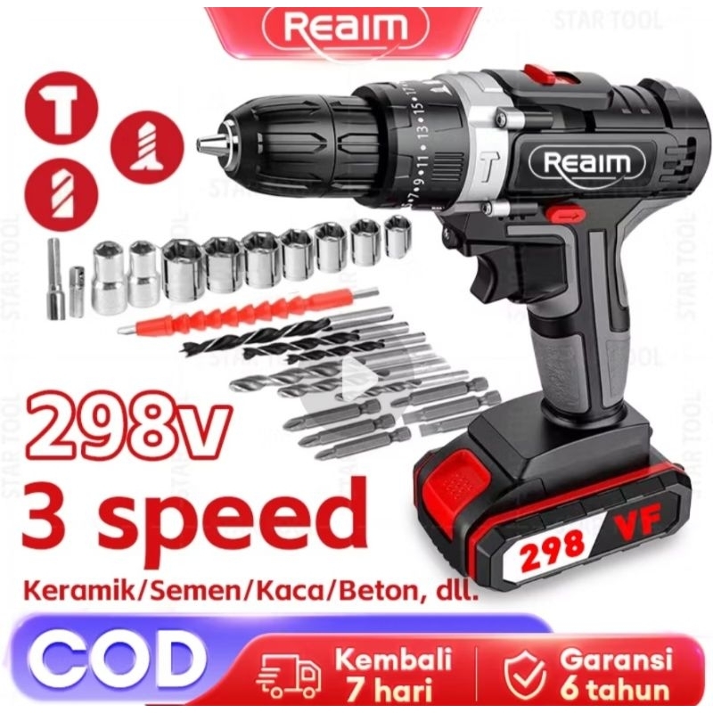 Realm Bor Baterai Bor Cas Bor listrik Bor Cordless Drill Obeng Mesin Cordless Screwdriver Serbaguna