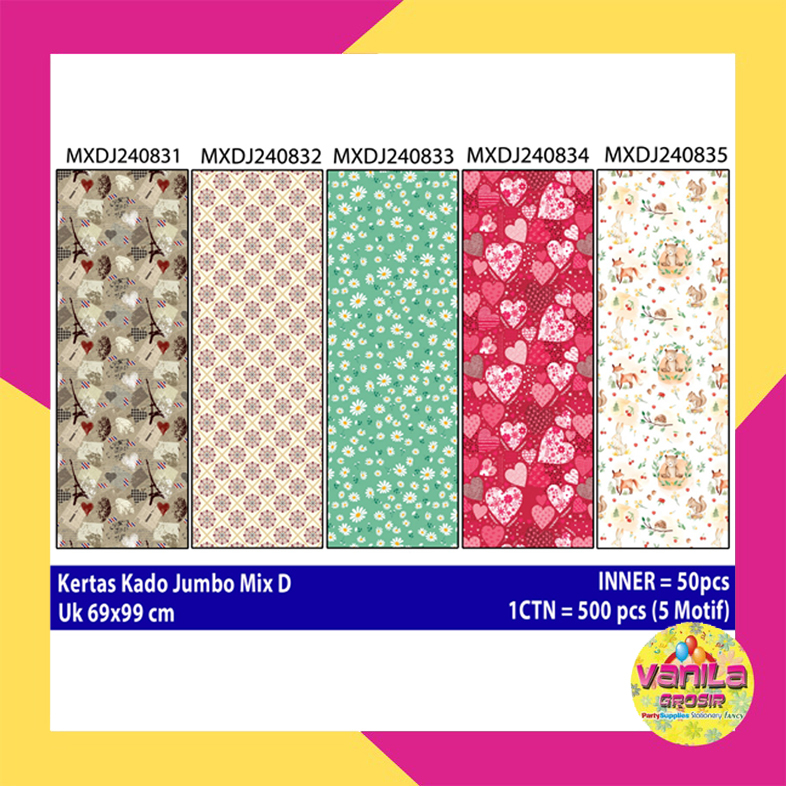 

Kertas Kado JUMBO MIX D, kertas kado ulang tahun, bingkisan ulang tahun, kertas kado motif mix