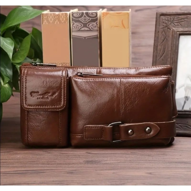 Tas Pinggang 8811 Kulit Sapi Asli Import Unisex Waistbag Kulit Sapi Asli Pria dan Wanita Tas Pinggan