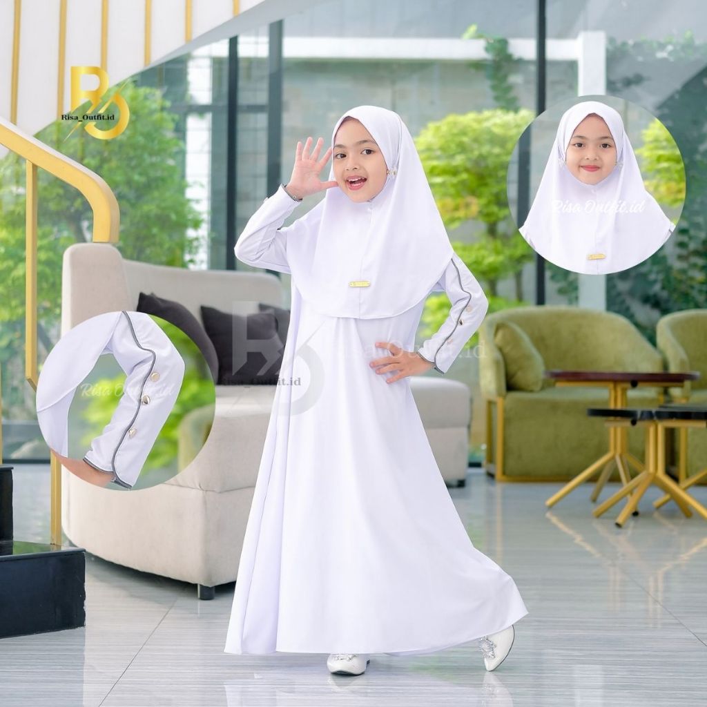 Mecca Set Gamis Abaya Anak Perempuan Set Jilbab / Gamis Anak Jersey Set Hijab Batwing / Gamis Putih