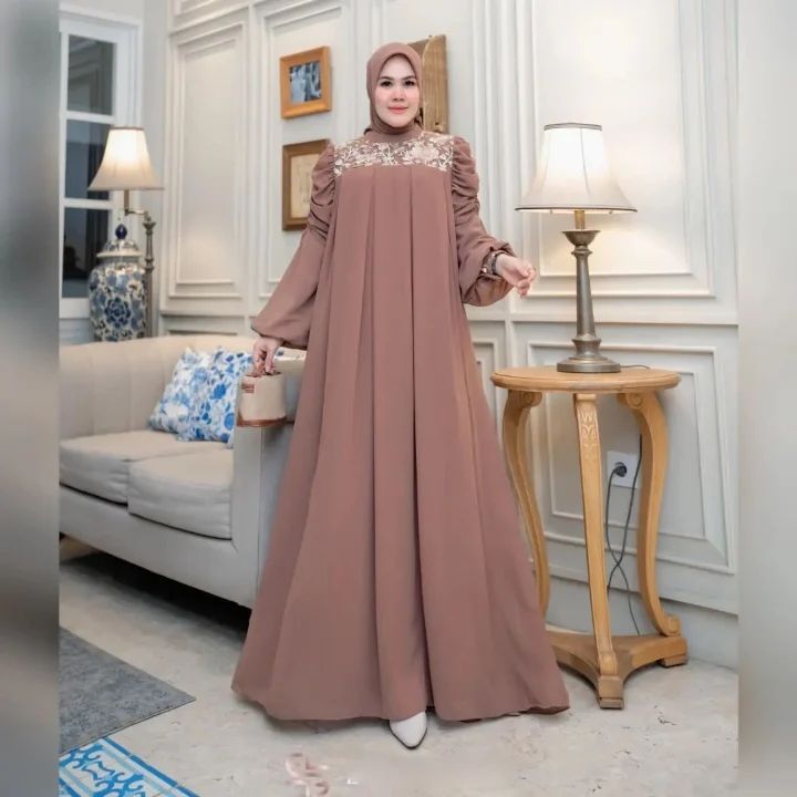 Promo Aprilia Dress Kondangan Simpel Elegan Hijab / Gamis Ceruty Premium Mewah / Gamis Lebaran 2024 
