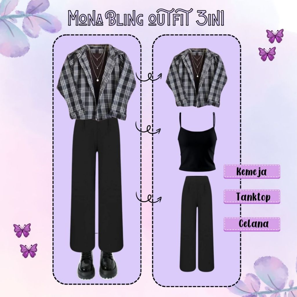 3in1 Mona Set Kekinian ala Korea (Kemeja Tartan, Tanktop Rib, Celana kulot Scuba) OOTD Oneset Wanita