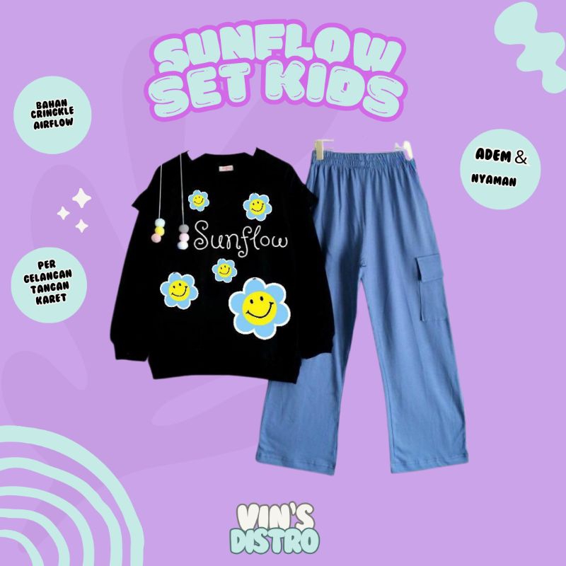 SUNFLOW SET KIDS CELANA CARGO CRINKLE PRINTING /ONE SET ANAK /SETELAN ANAK PEREMPUAN/SETELAN CRINKLE